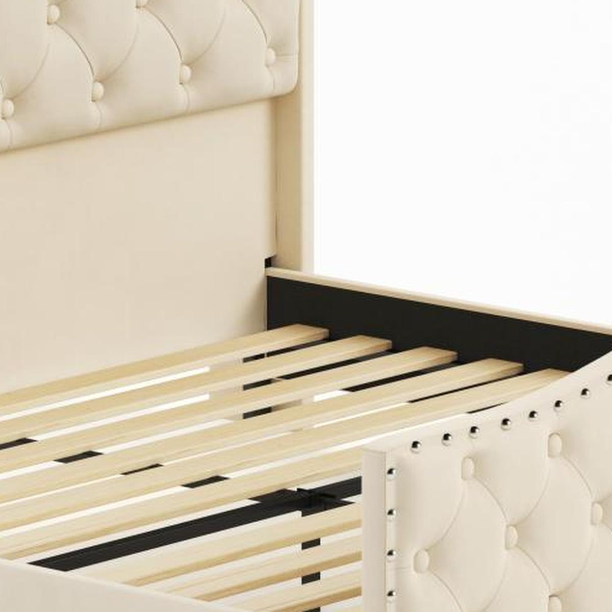 Beige Tufted Velvet Upholstered Queen Bed Frame With Lights USB And Shelves
