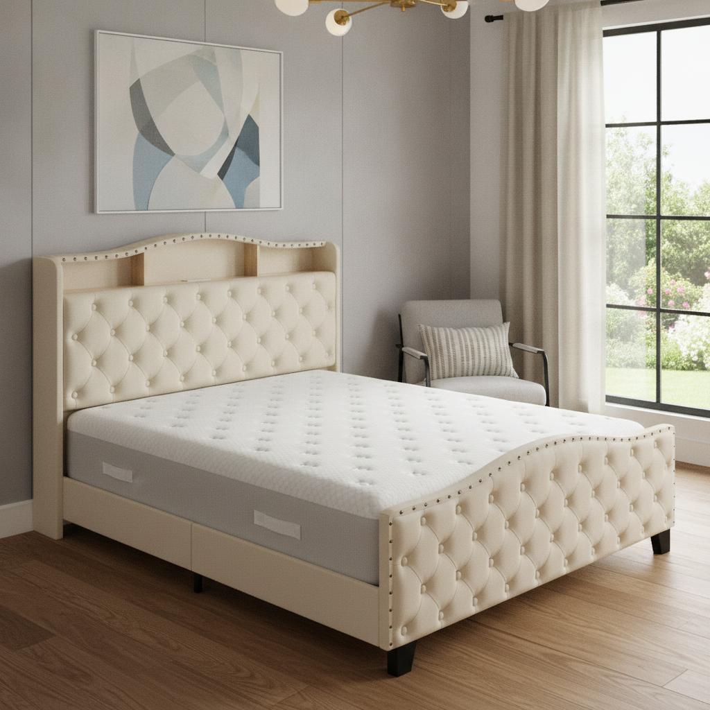 Beige Tufted Velvet Upholstered Queen Bed Frame With Lights USB And Shelves