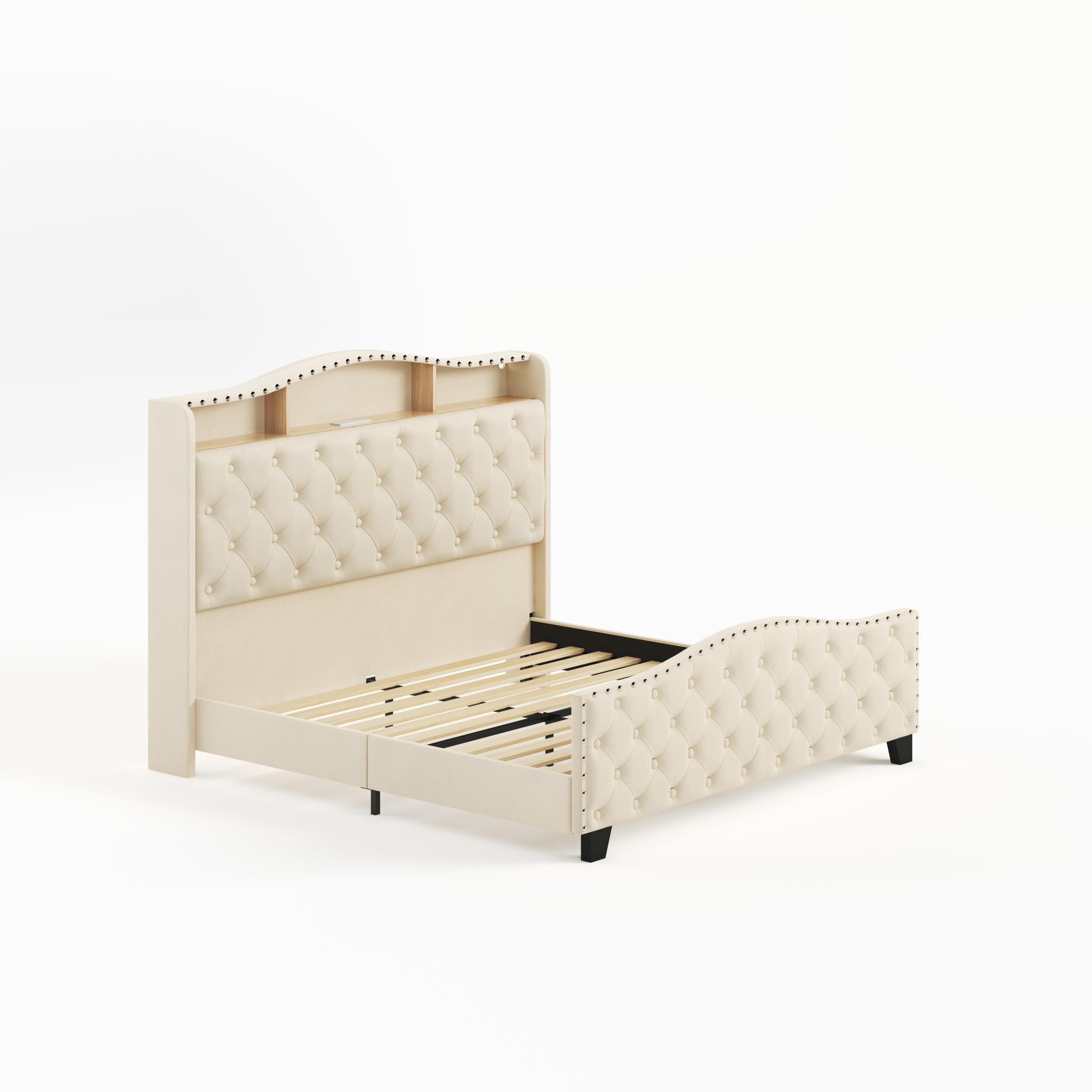 Beige Tufted Velvet Upholstered Queen Bed Frame With Lights USB And Shelves