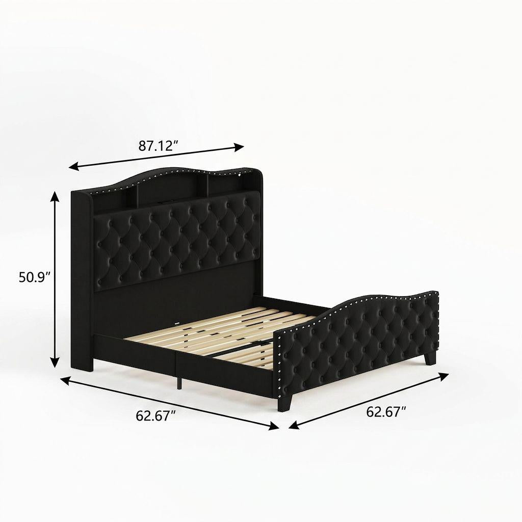 Black Tufted Velvet Upholstered Queen Bed Frame With Lights USB And Shelves
