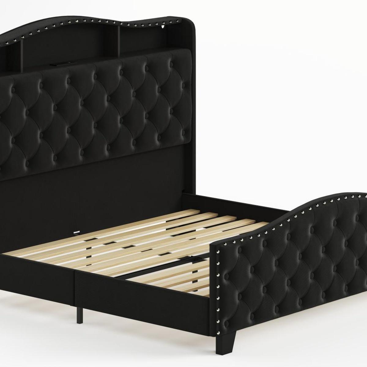 Black Tufted Velvet Upholstered Queen Bed Frame With Lights USB And Shelves