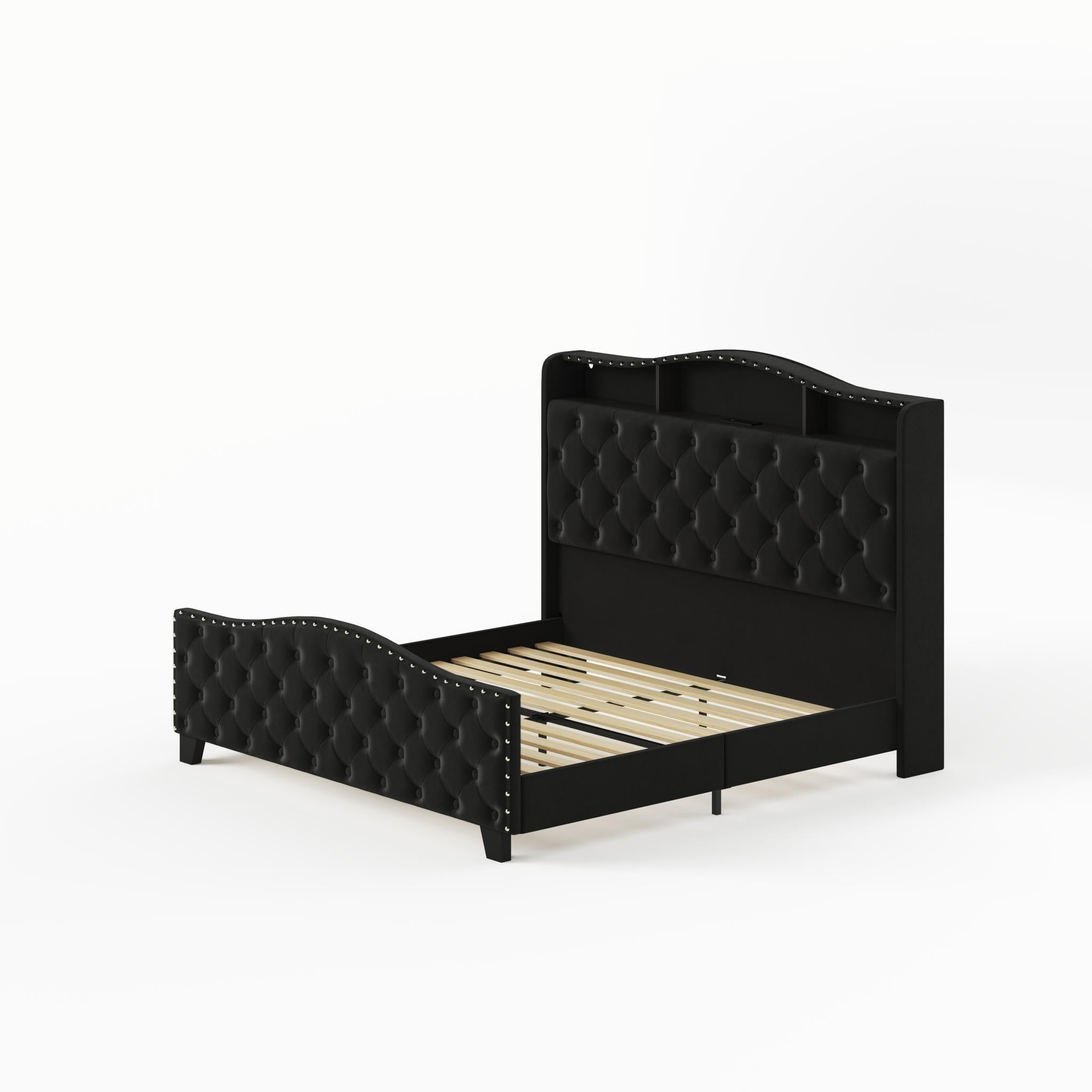 Black Tufted Velvet Upholstered Queen Bed Frame With Lights USB And Shelves