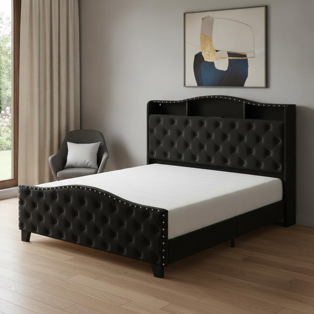 Black Tufted Velvet Upholstered Queen Bed Frame With Lights USB And Shelves