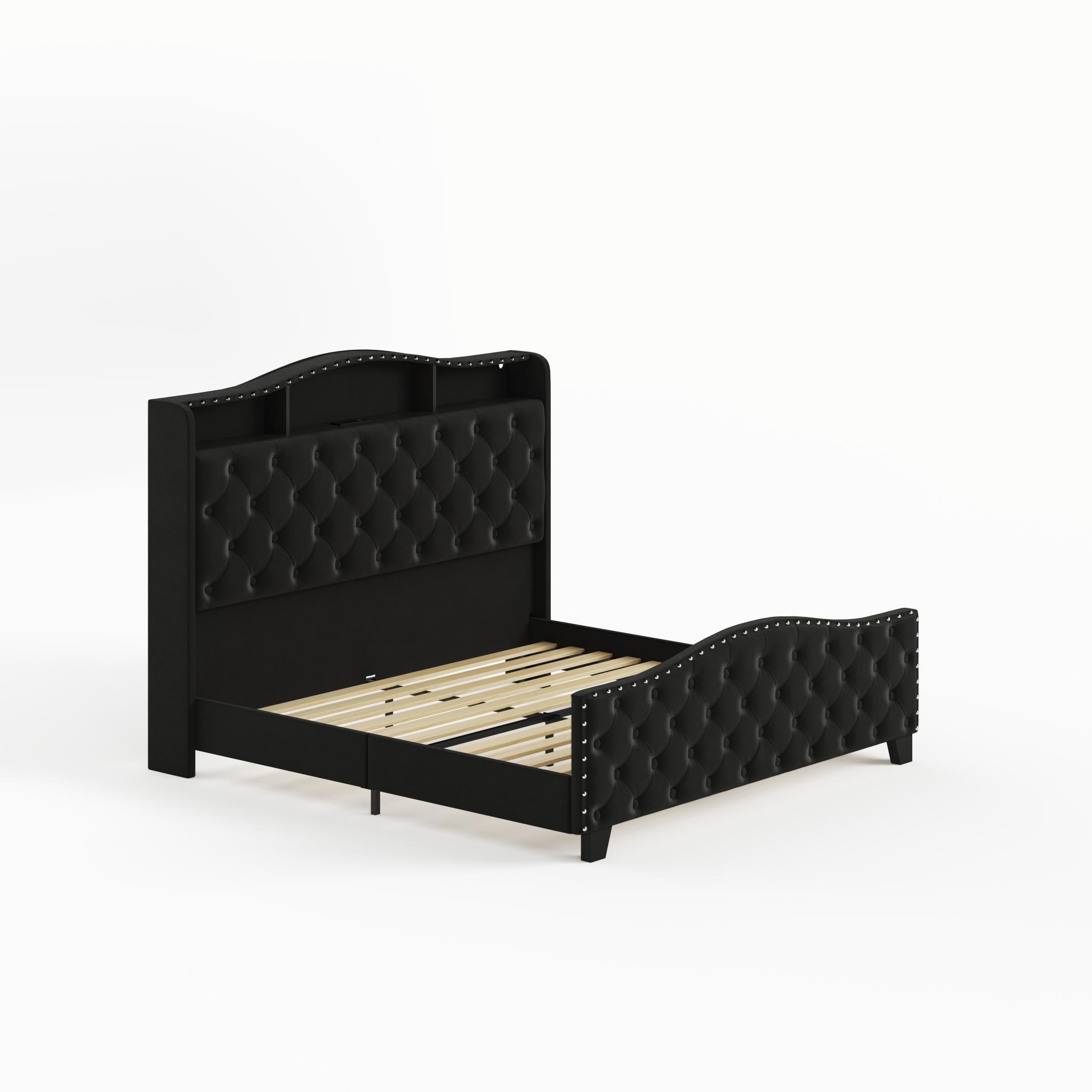 Black Tufted Velvet Upholstered Queen Bed Frame With Lights USB And Shelves