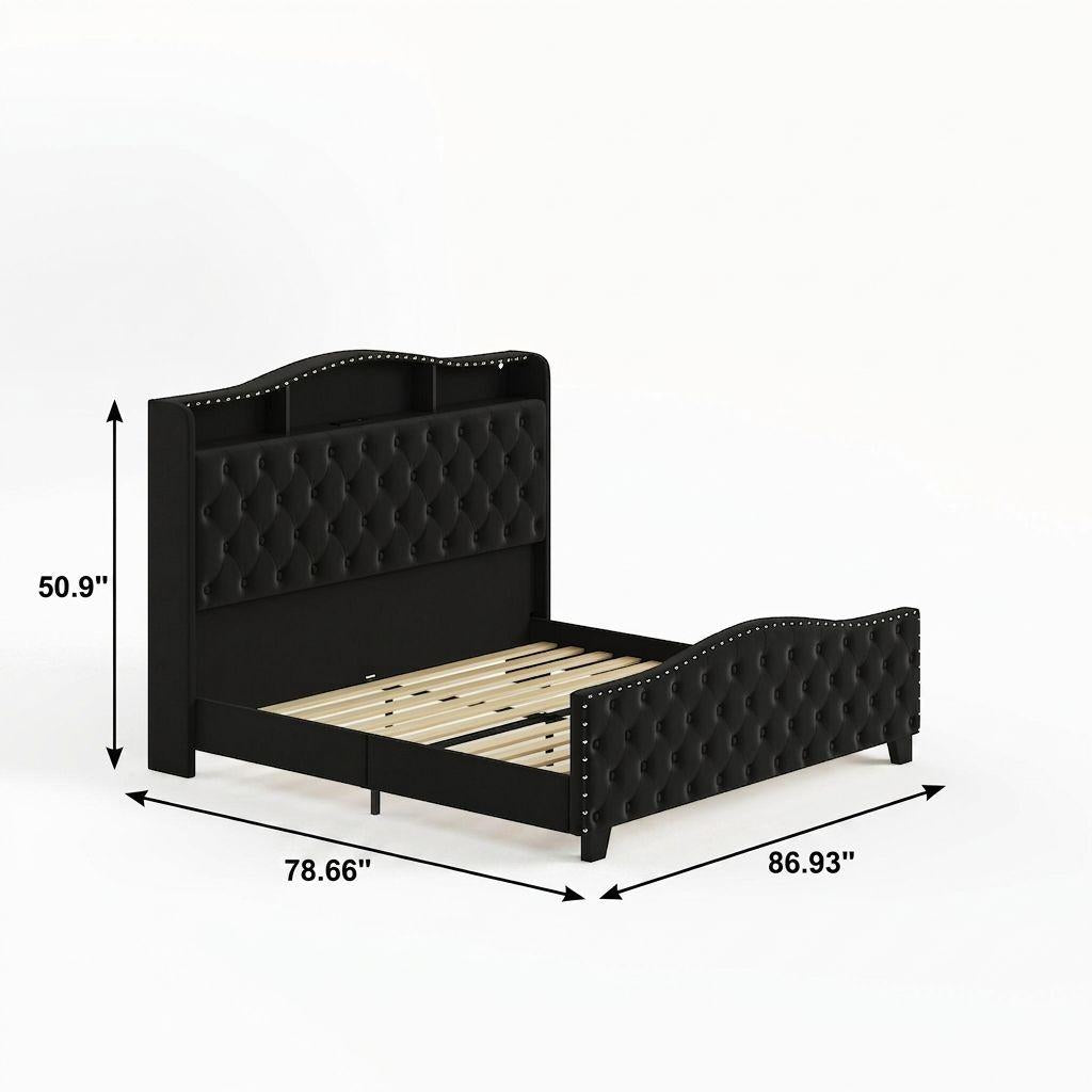 Black Tufted Velvet Upholstered King Bed Frame With Lights USB And Shelves