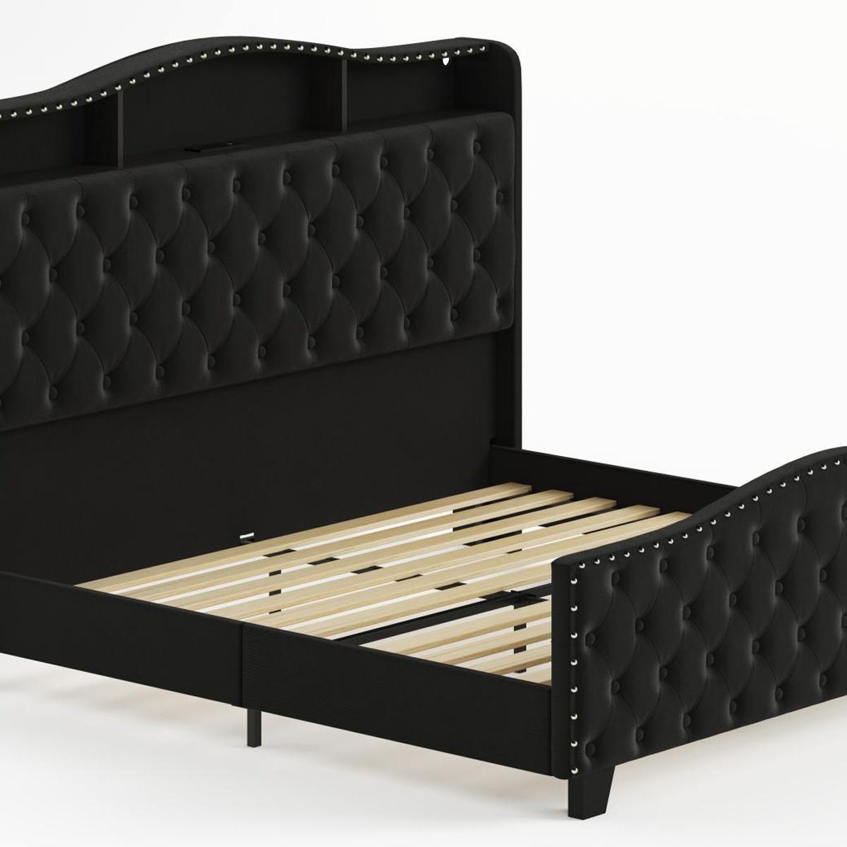 Black Tufted Velvet Upholstered King Bed Frame With Lights USB And Shelves