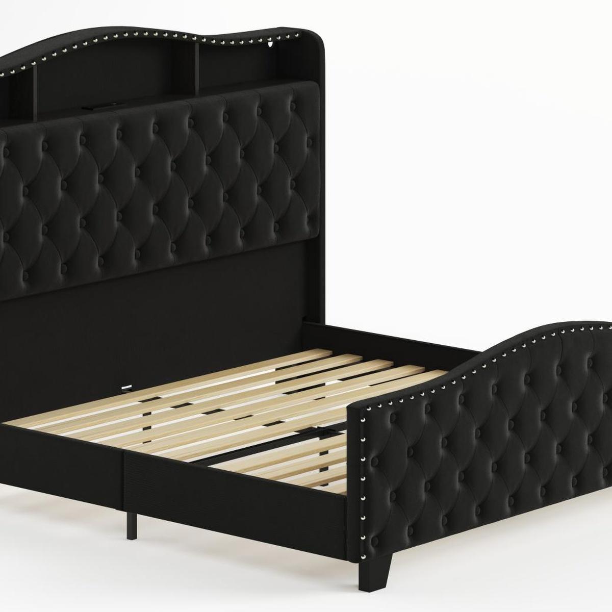 Black Tufted Velvet Upholstered King Bed Frame With Lights USB And Shelves