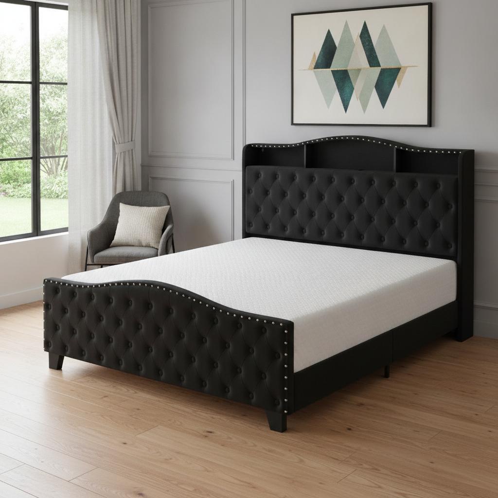 Black Tufted Velvet Upholstered King Bed Frame With Lights USB And Shelves