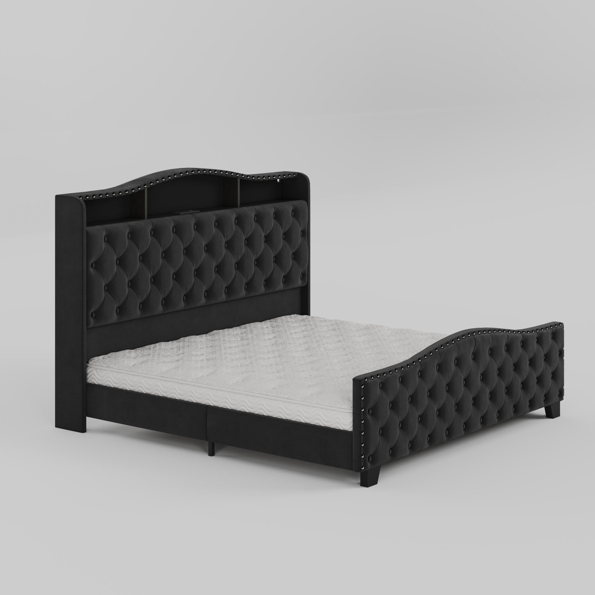 Black Tufted Velvet Upholstered King Bed Frame With Lights USB And Shelves