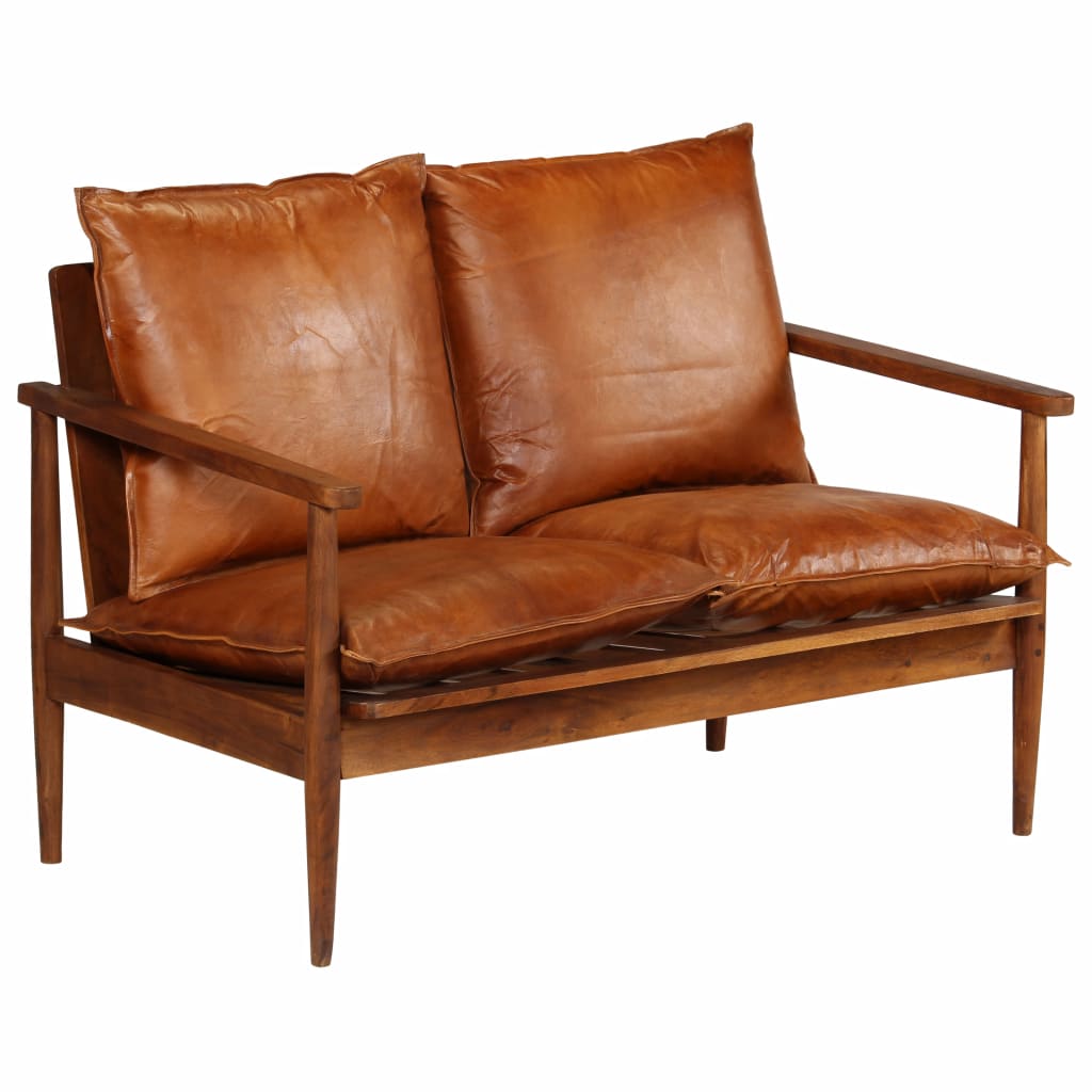 vidaXL 2-Seater Sofa Real Leather with Acacia Wood Brown-1