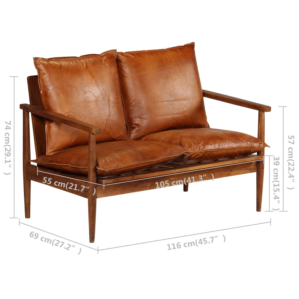 vidaXL 2-Seater Sofa Real Leather with Acacia Wood Brown-2