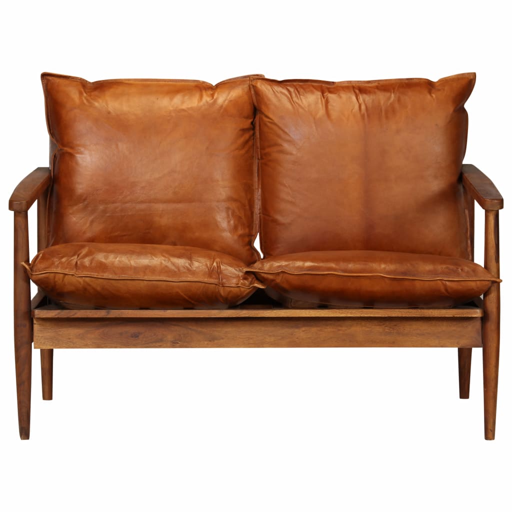 vidaXL 2-Seater Sofa Real Leather with Acacia Wood Brown-6