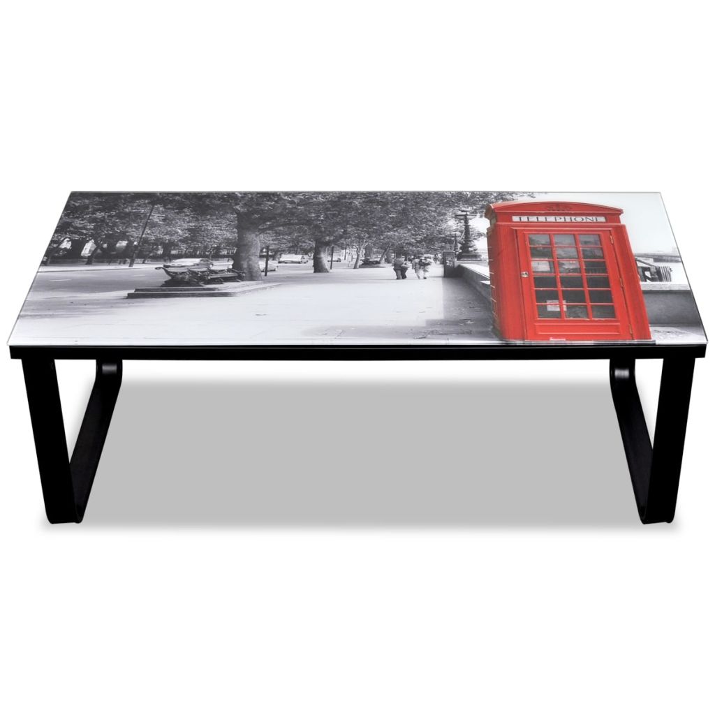 vidaXL Coffee Table with Telephone Booth Printing Glass Top-3