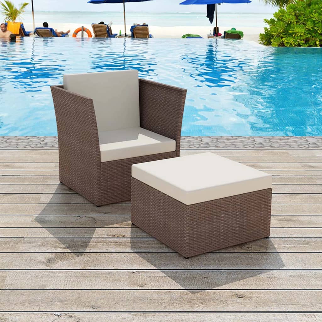 vidaXL Patio Chair with Stool Poly Rattan Brown-3