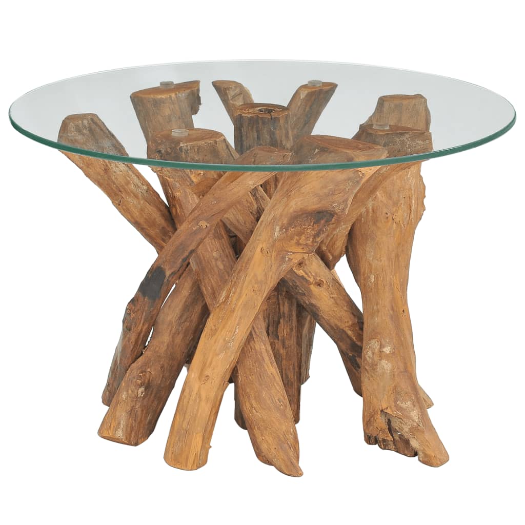 vidaXL Coffee Table Round End Table with Glass Tabletop Solid Teak Driftwood-0