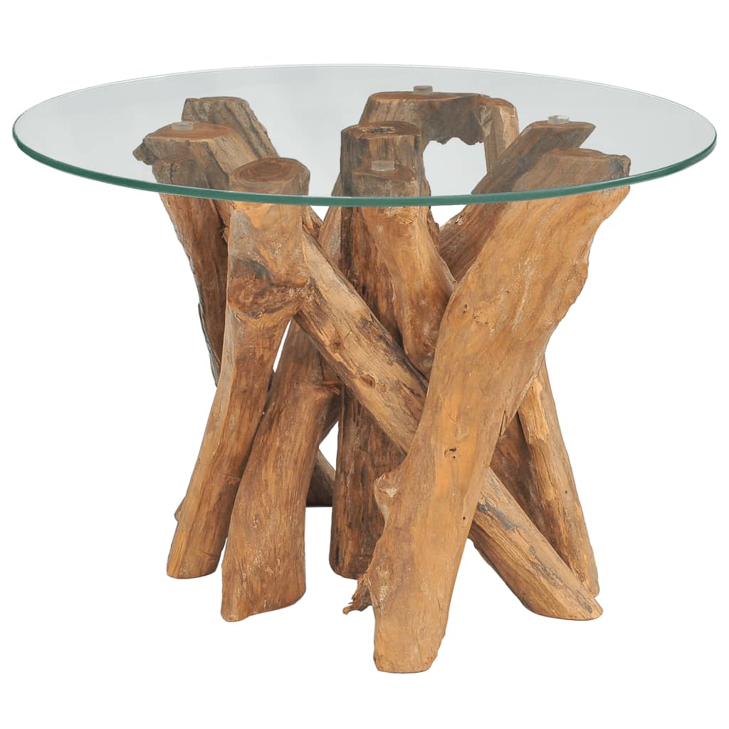 vidaXL Coffee Table Round End Table with Glass Tabletop Solid Teak Driftwood-6