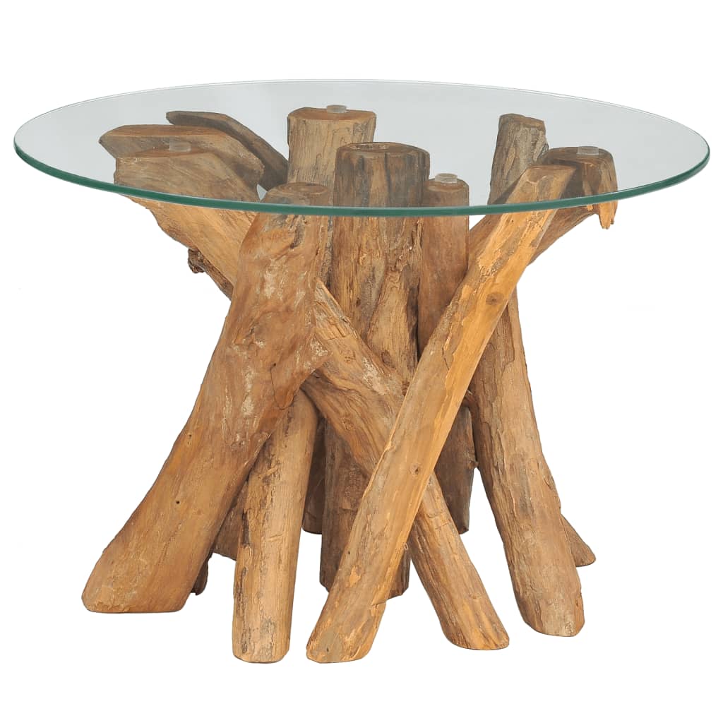 vidaXL Coffee Table Round End Table with Glass Tabletop Solid Teak Driftwood-8