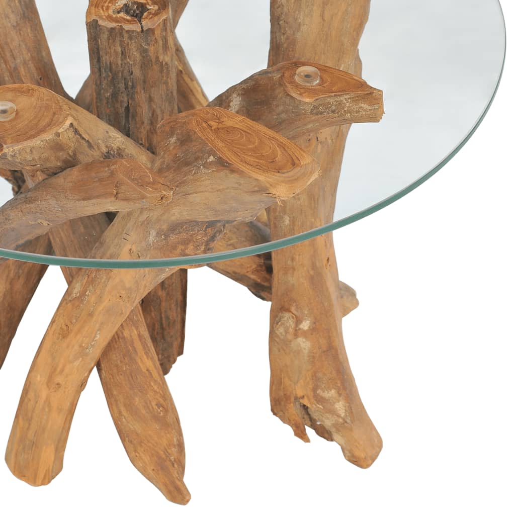 vidaXL Coffee Table Round End Table with Glass Tabletop Solid Teak Driftwood-10