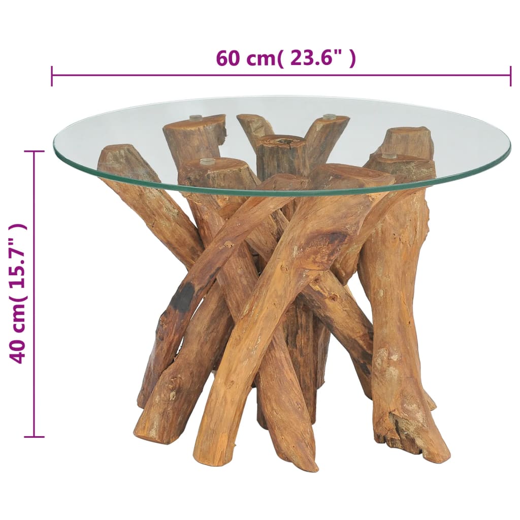 vidaXL Coffee Table Round End Table with Glass Tabletop Solid Teak Driftwood-4
