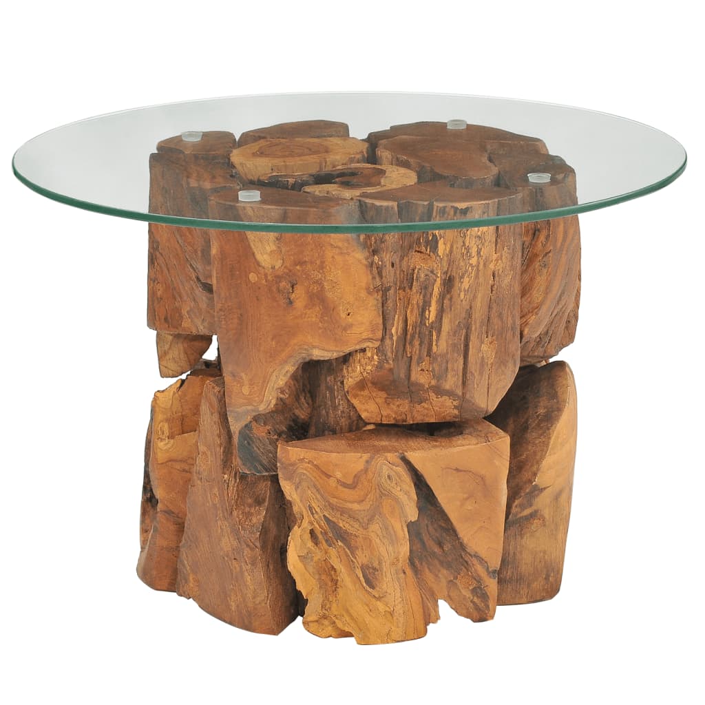 vidaXL Coffee Table Round End Table with Glass Tabletop Solid Teak Driftwood-12