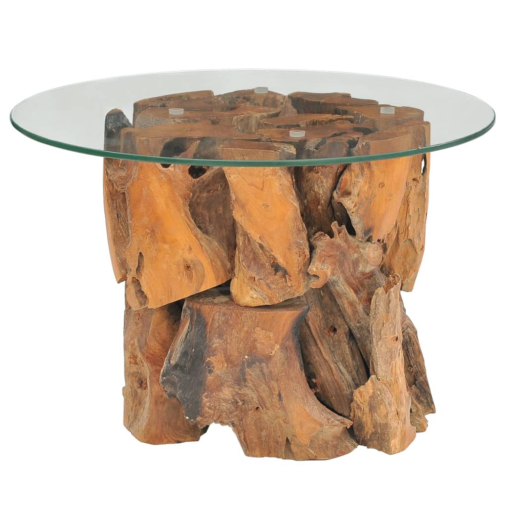 vidaXL Coffee Table Round End Table with Glass Tabletop Solid Teak Driftwood-13