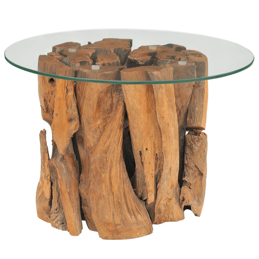 vidaXL Coffee Table Round End Table with Glass Tabletop Solid Teak Driftwood-1