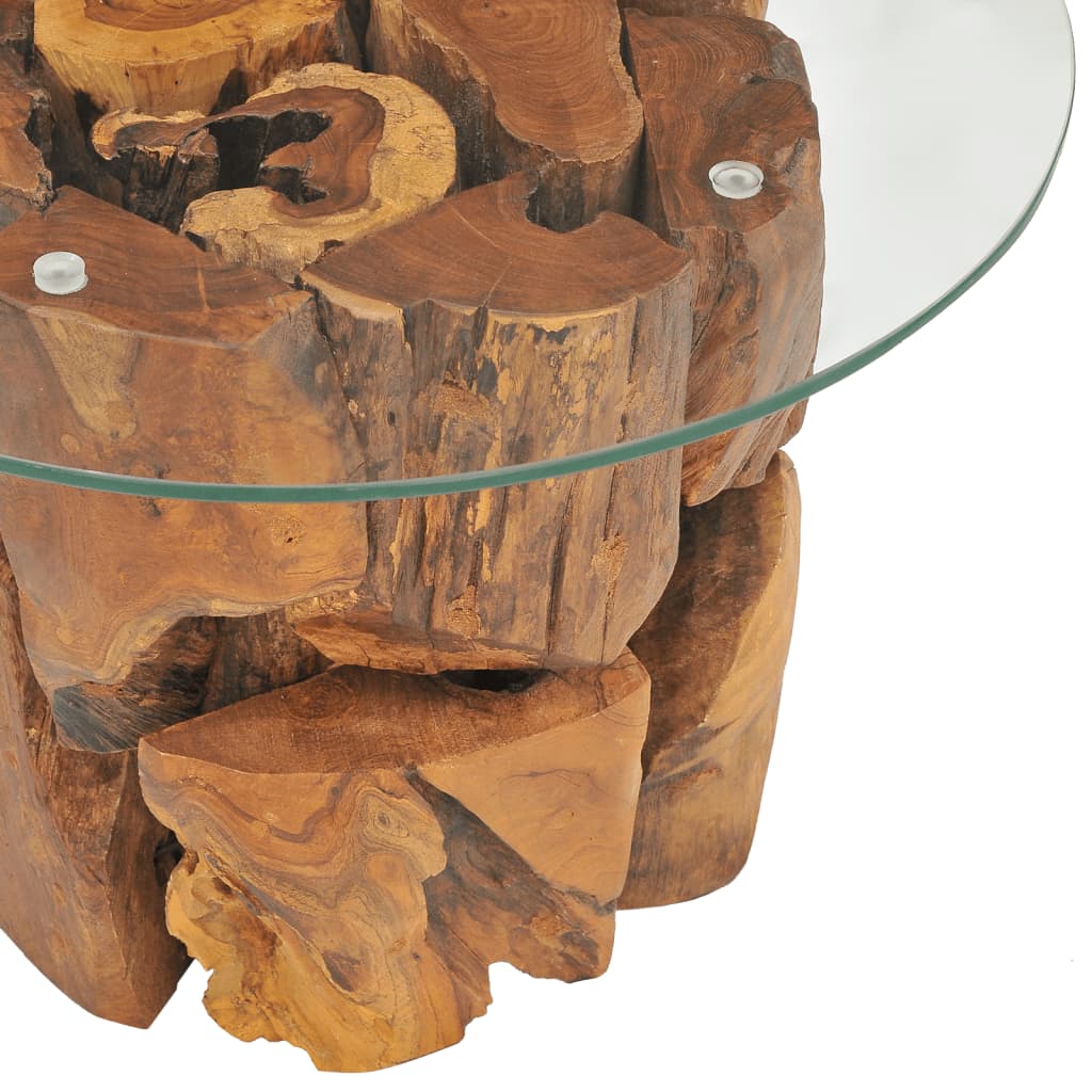 vidaXL Coffee Table Round End Table with Glass Tabletop Solid Teak Driftwood-5
