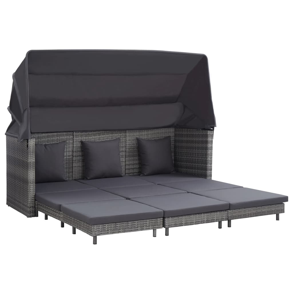 vidaXL Extendable 3-Seater Sofa Bed with Roof Poly Rattan Gray-12