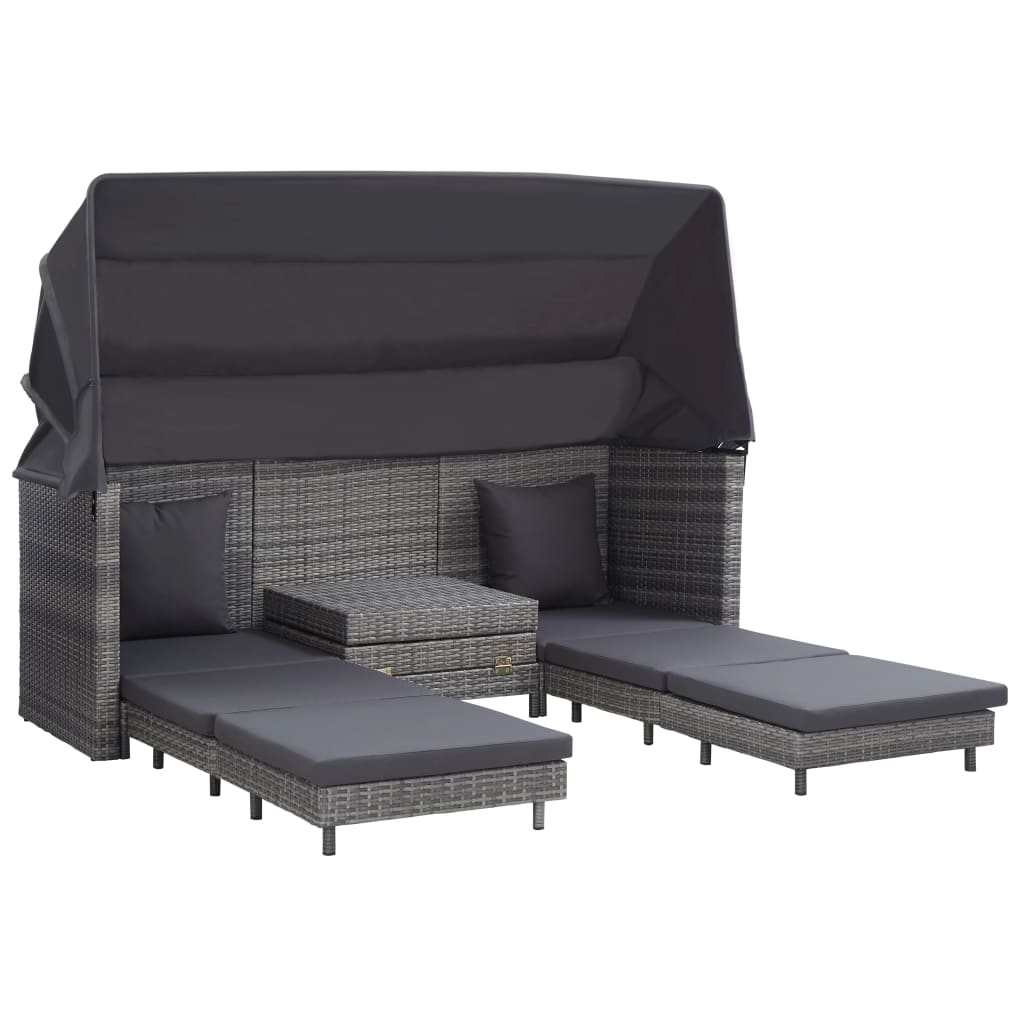 vidaXL Extendable 3-Seater Sofa Bed with Roof Poly Rattan Gray-14