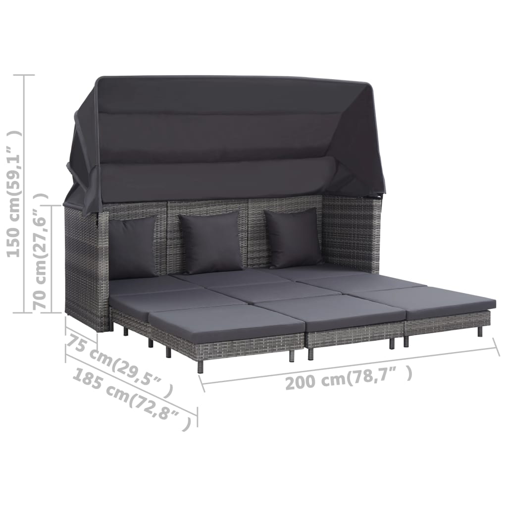 vidaXL Extendable 3-Seater Sofa Bed with Roof Poly Rattan Gray-17