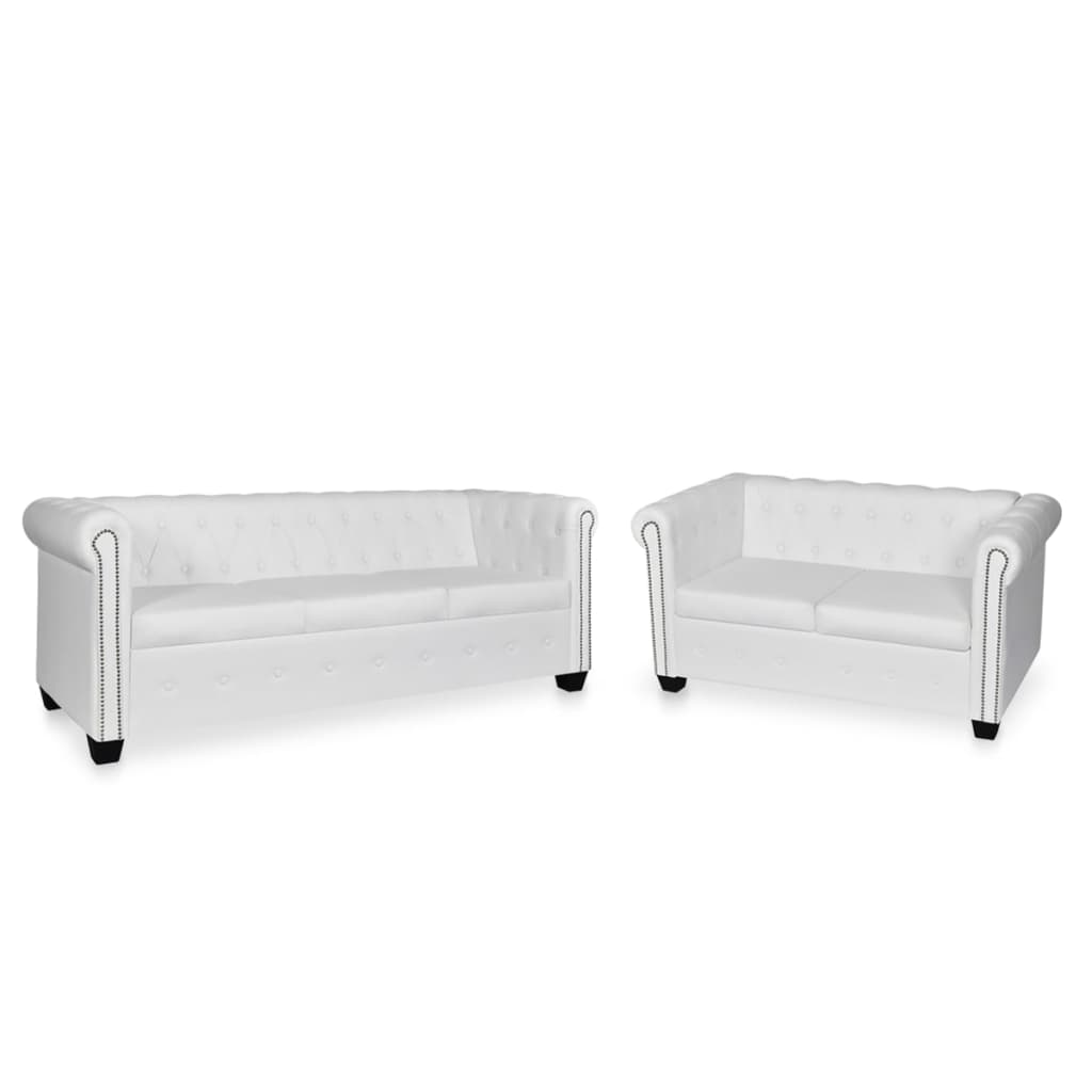 vidaXL Chesterfield Sofa Set 2-Seater and 3-Seater White Faux Leather-0