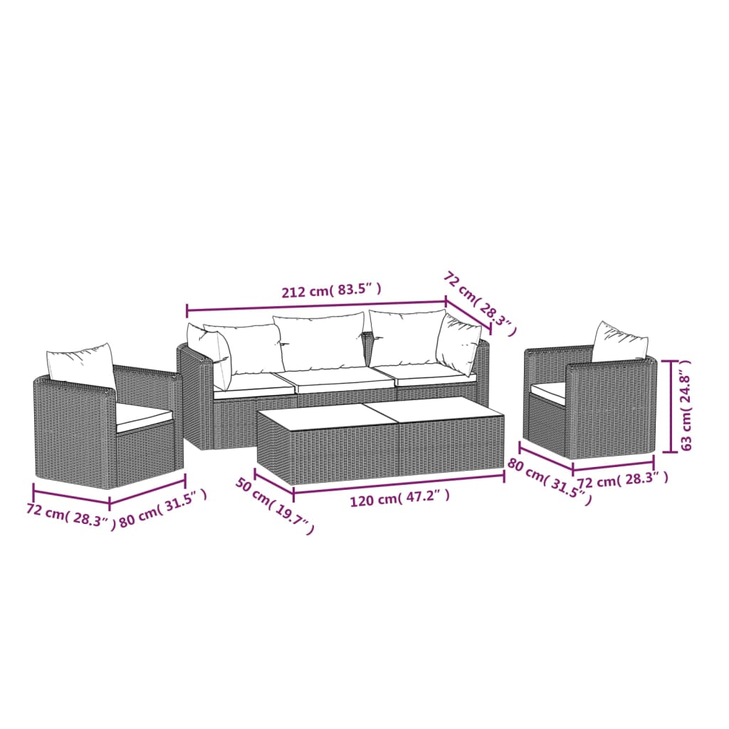 vidaXL 7 Piece Patio Lounge Set with Cushions Poly Rattan Black-2