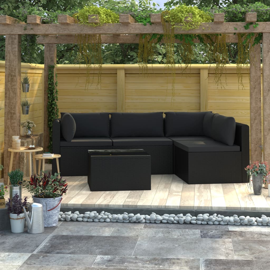vidaXL 5 Piece Patio Lounge Set with Cushions Poly Rattan Black-0