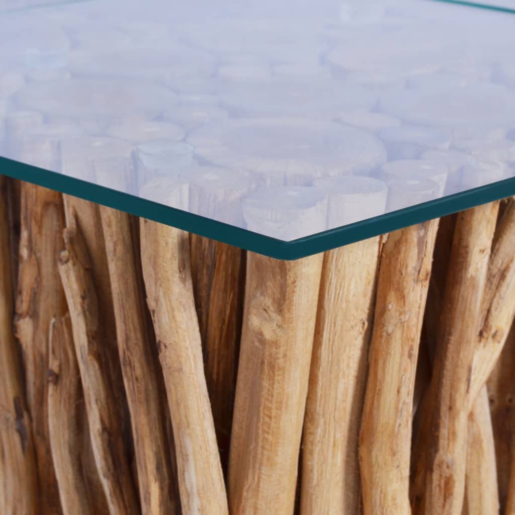 vidaXL Coffee Table with Glass Top 26"x26"x15.7" Solid Teak Wood-1