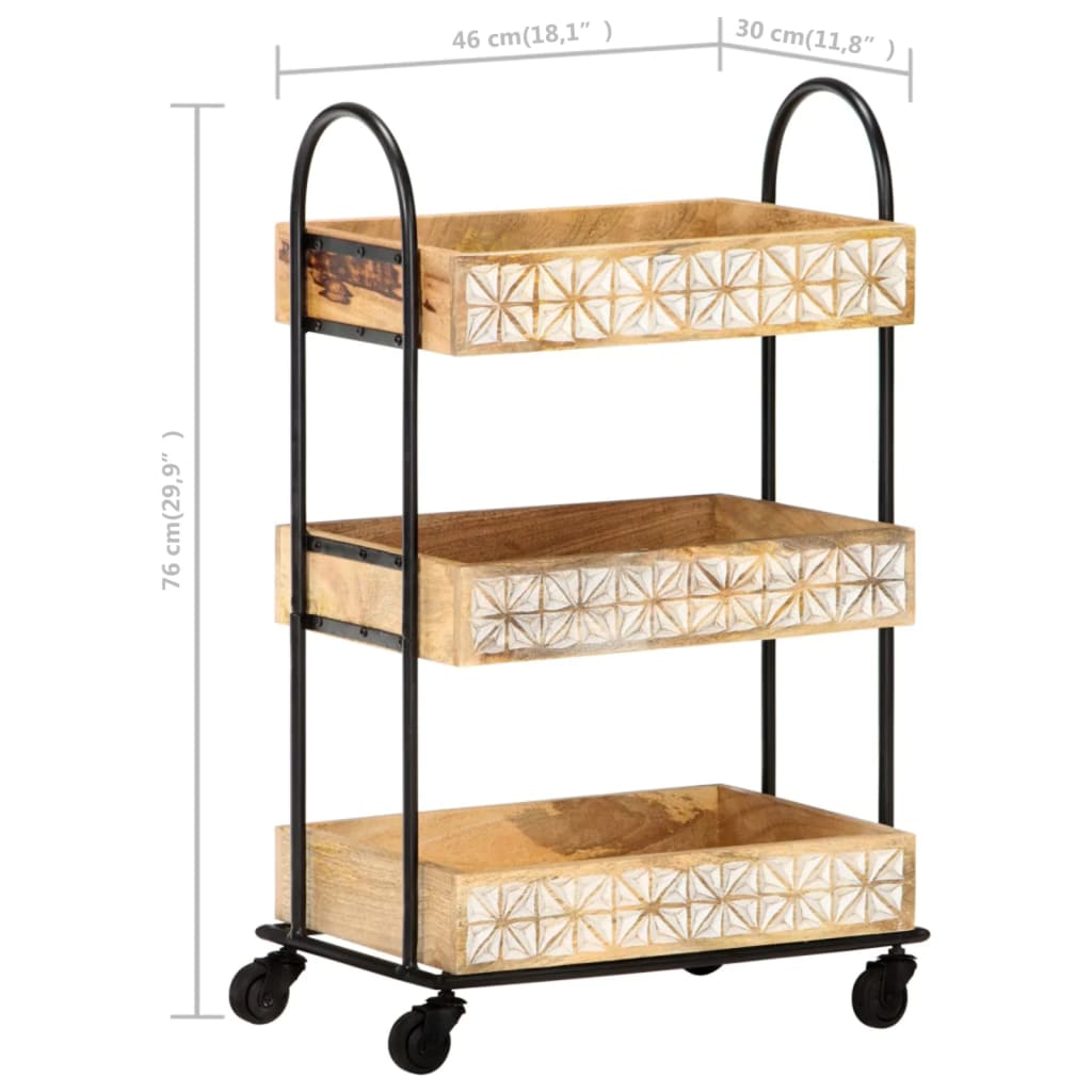 vidaXL 3-Tier Kitchen Trolley 18.1"x11.8"x29.9" Solid Mango Wood-6