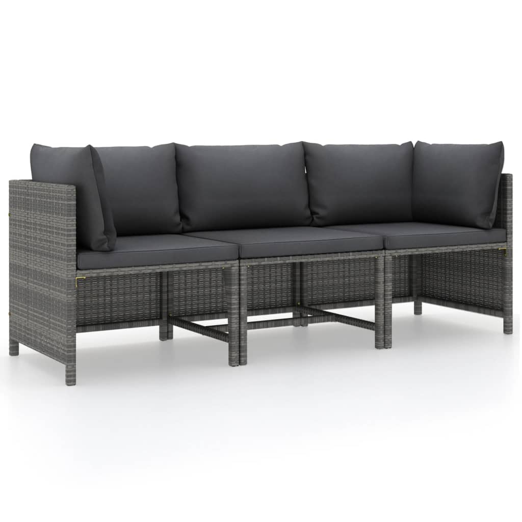 vidaXL 3-Seater Patio Sofa with Cushions Gray Poly Rattan-0