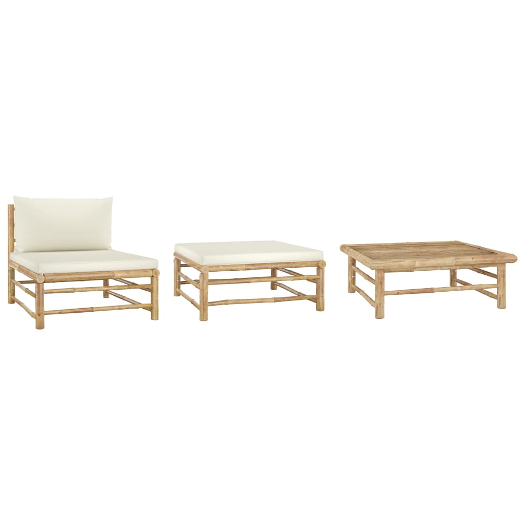 vidaXL 3 Piece Patio Lounge Set with Cream White Cushions Bamboo-0