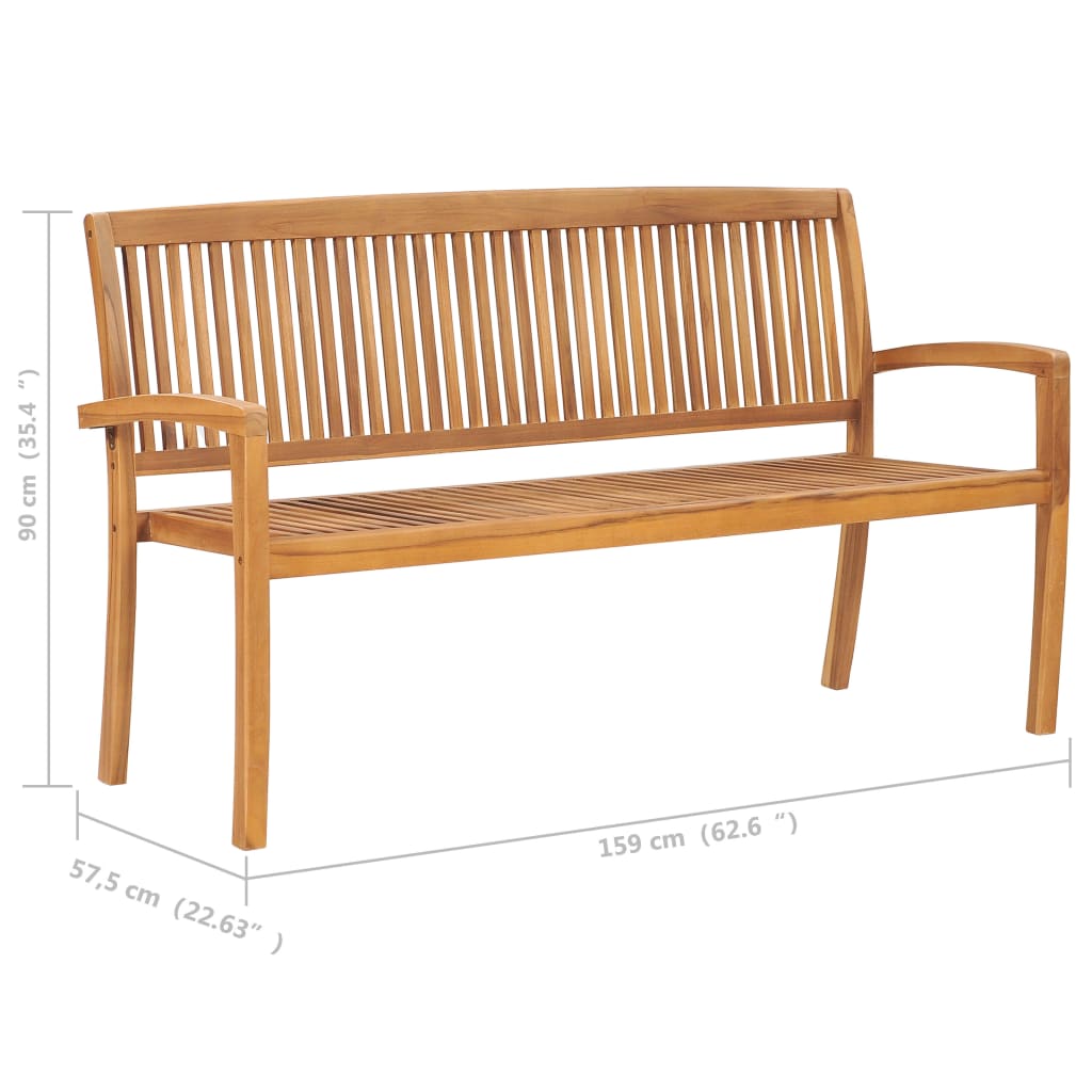 vidaXL Outdoor Patio Bench Stacking Patio Bench with Cushion Solid Wood Teak-9