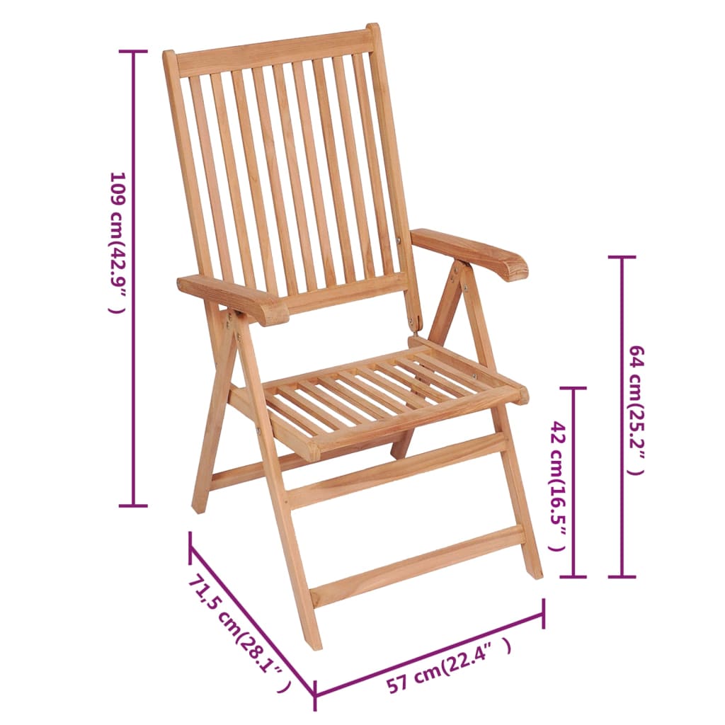 vidaXL Outdoor Recliner Chairs Patio Reclining Lounge Chair Solid Wood Teak-24