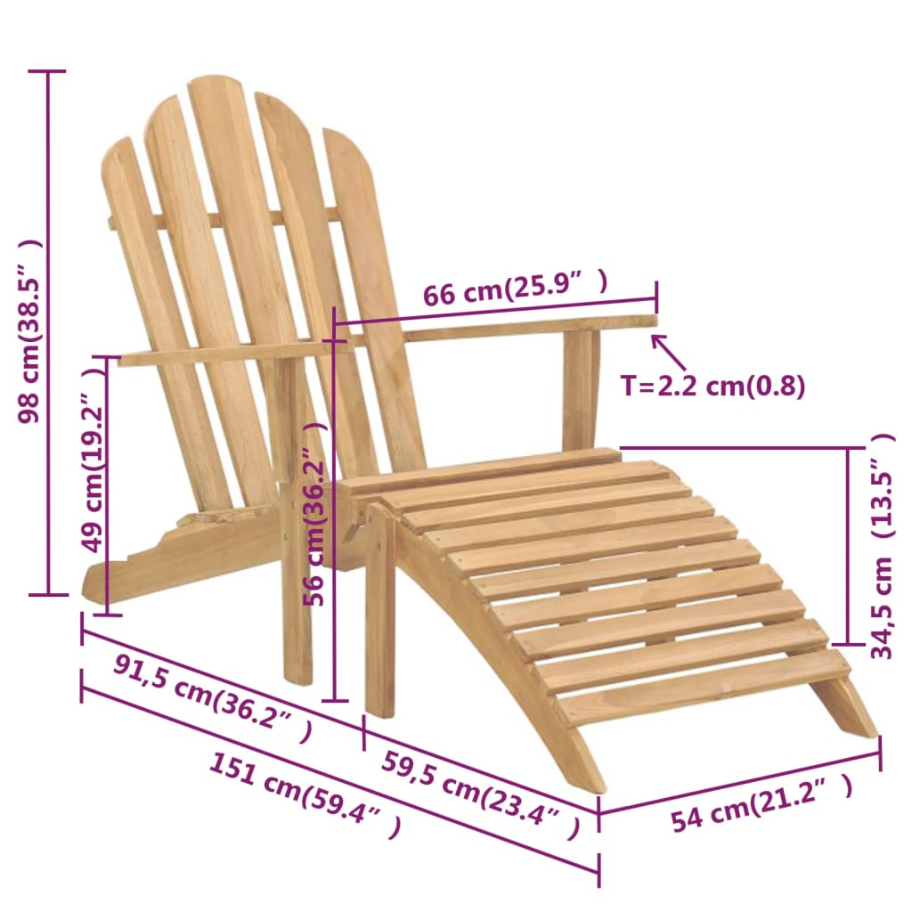 vidaXL Folding Adirondack Chair Patio Lawn Chair with Footrest Solid Wood Teak-4