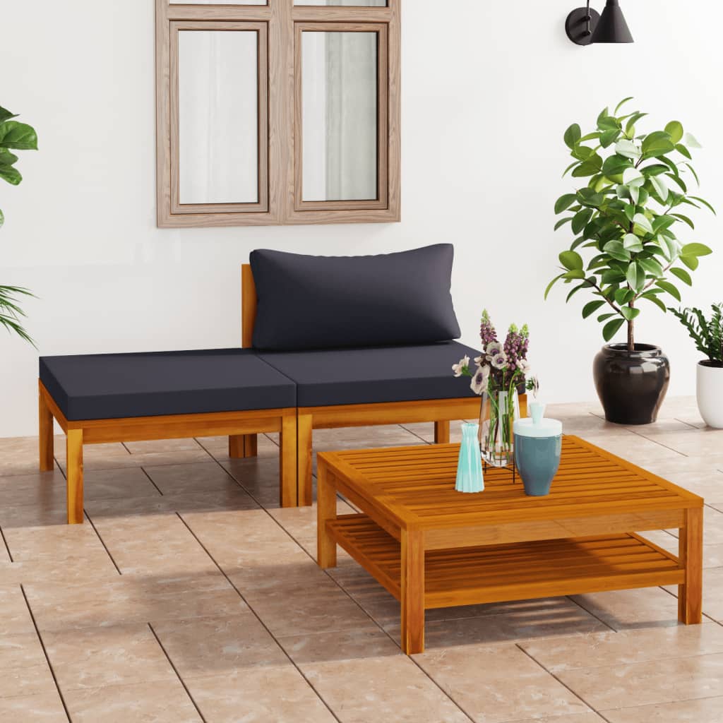 vidaXL 3 Piece Patio Lounge Set with Dark Gray Cushions Acacia Wood-21