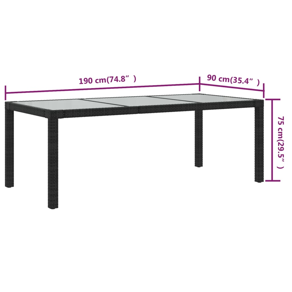 vidaXL Patio Table 74.8" Tempered Glass and Poly Rattan Table Multi Colors-6