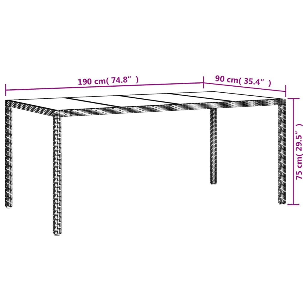 vidaXL Patio Table 74.8" Tempered Glass and Poly Rattan Table Multi Colors-20