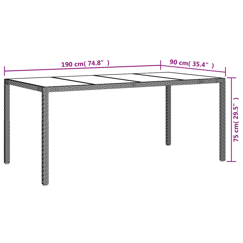 vidaXL Patio Table 74.8" Tempered Glass and Poly Rattan Table Multi Colors-11