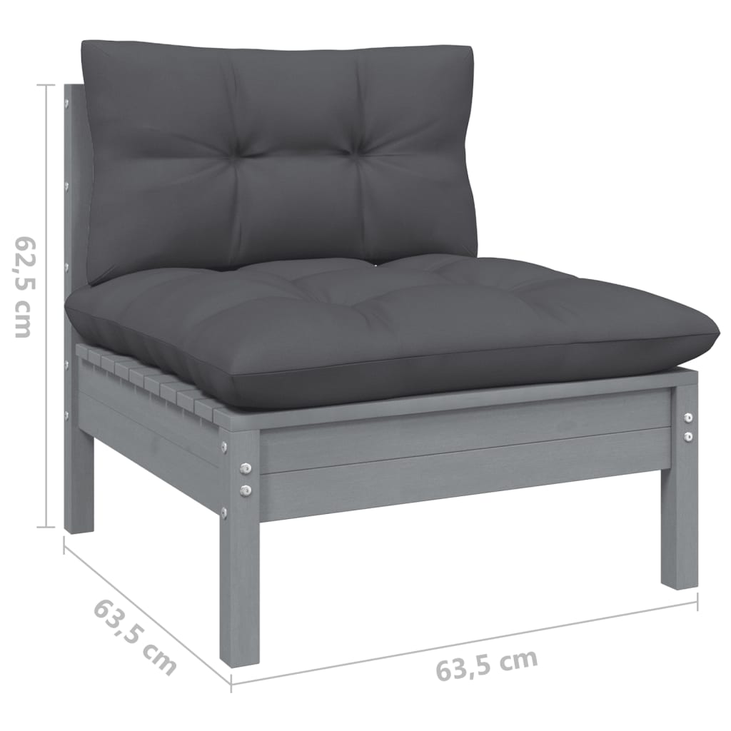 vidaXL Patio Middle Sofa with Anthracite Cushions Gray Solid Pinewood-4