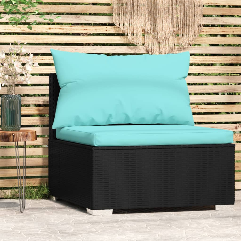 vidaXL Patio Middle Sofa with Cushions Black Poly Rattan-4