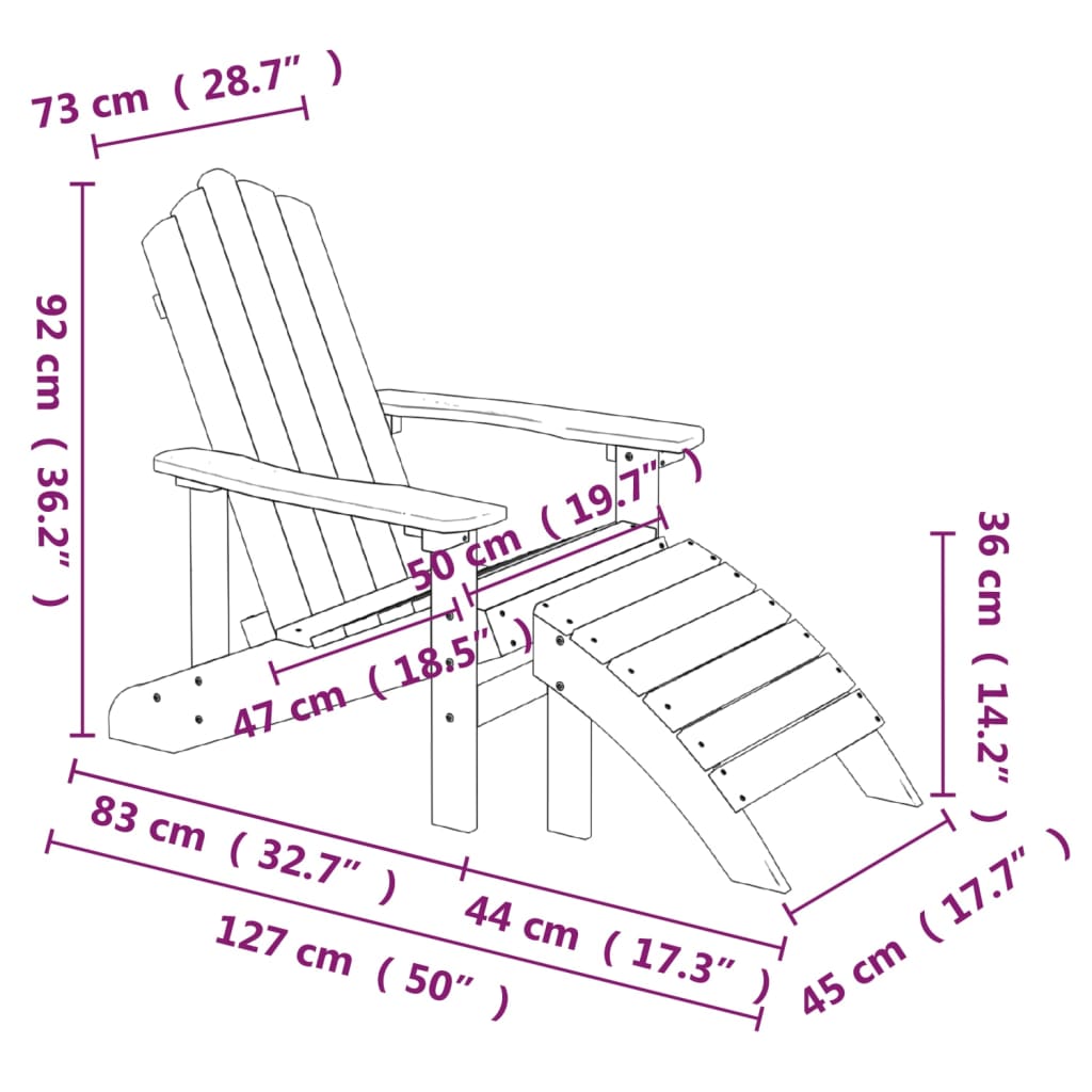 vidaXL Patio Adirondack Chair with Footstool & Table HDPE White-6