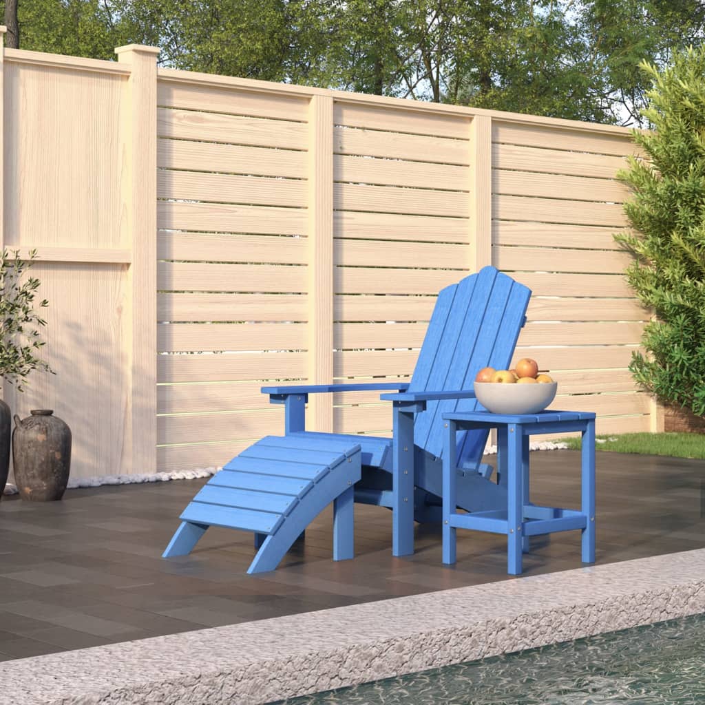 vidaXL Patio Adirondack Chair with Footstool & Table HDPE Aqua Blue-0