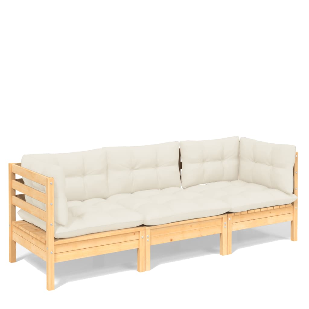 vidaXL 3-Seater Patio Sofa with Cream Cushions Solid Pinewood-14