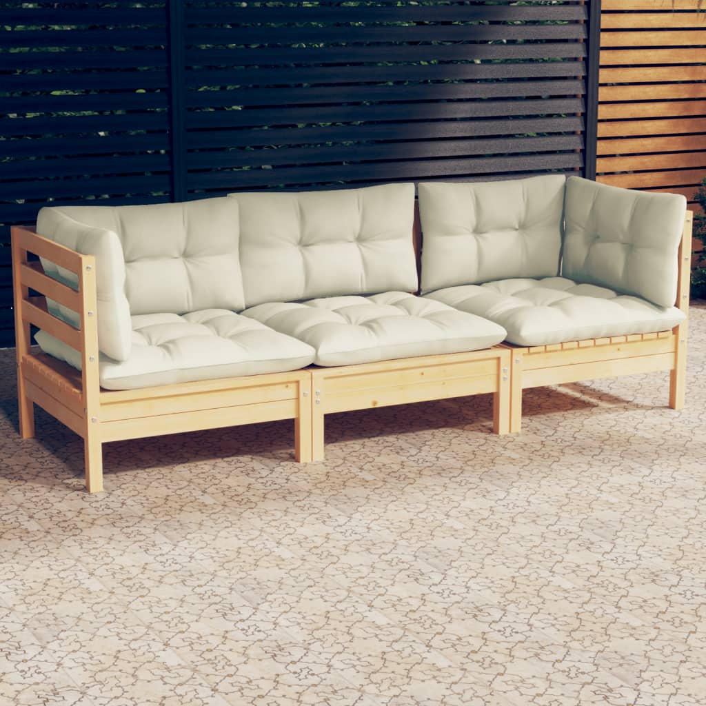 vidaXL 3-Seater Patio Sofa with Cream Cushions Solid Pinewood-15